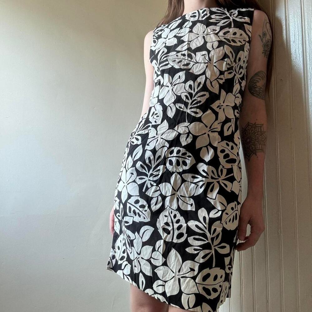 Vintage Amanda Smith Petite Black White Tropical Dress 4P Cotton Y2K 90s